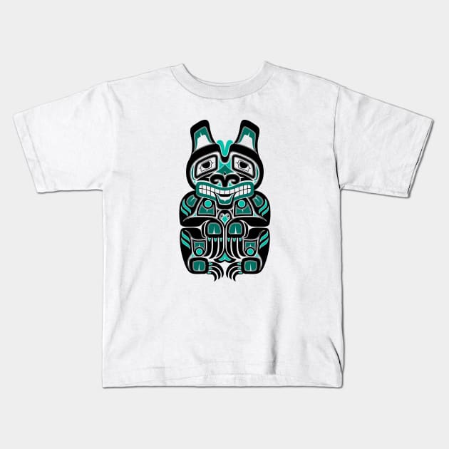 Teal Blue and Black Haida Spirit Bear Kids T-Shirt by jeffbartels